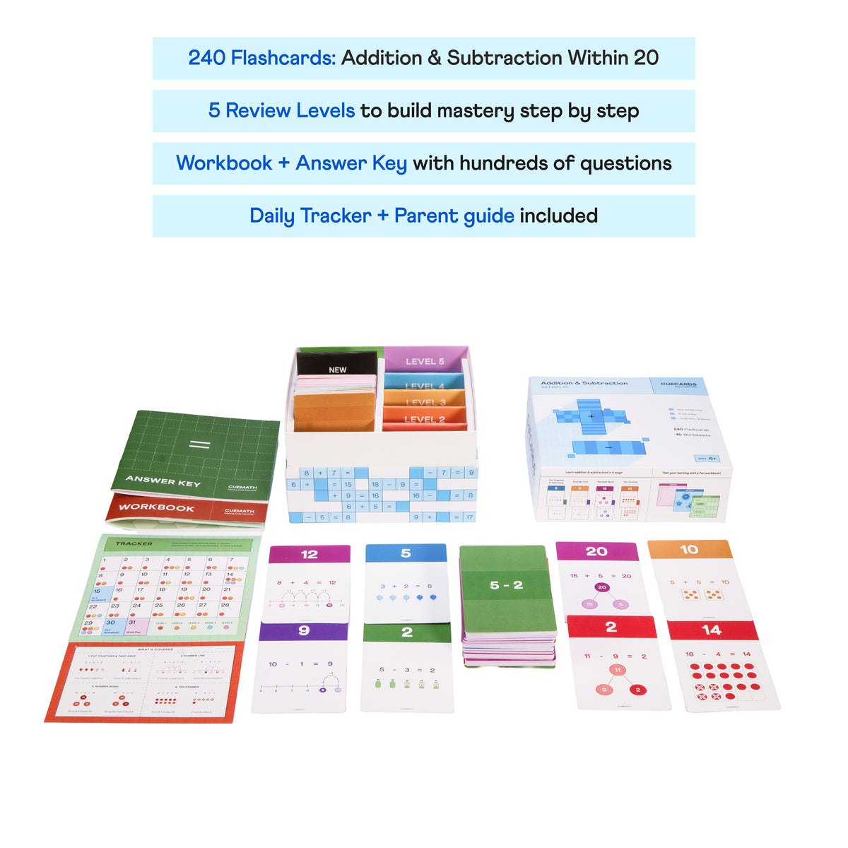 CueCards Addition & Subtraction Flashcards | 240 Cards | Within 20 | Science-Backed | Ages 6+ — view 2