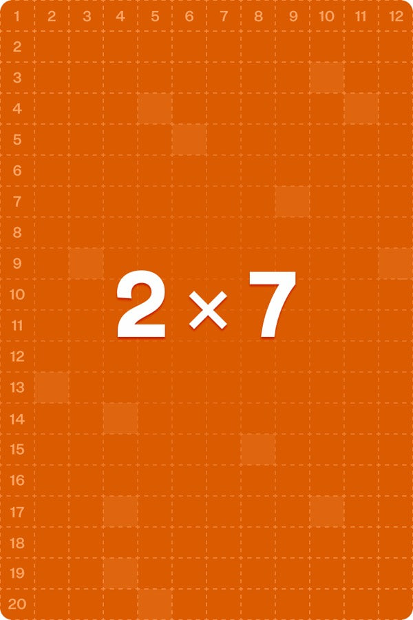 Question card: 2 × 7 on an orange grid background