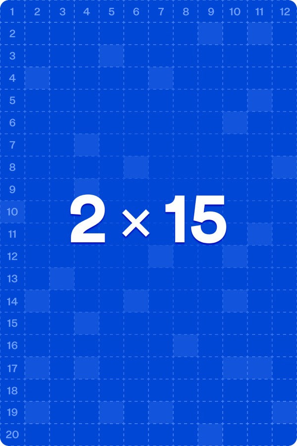 Question card: 2 × 15 on a blue grid background
