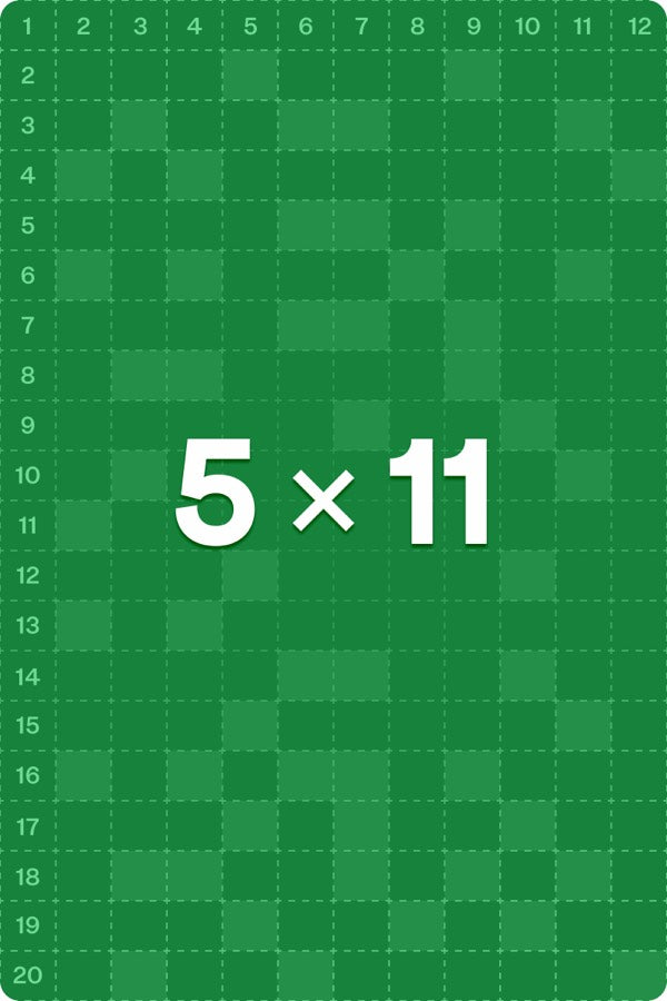 Question card: 5 × 11 on a green grid background